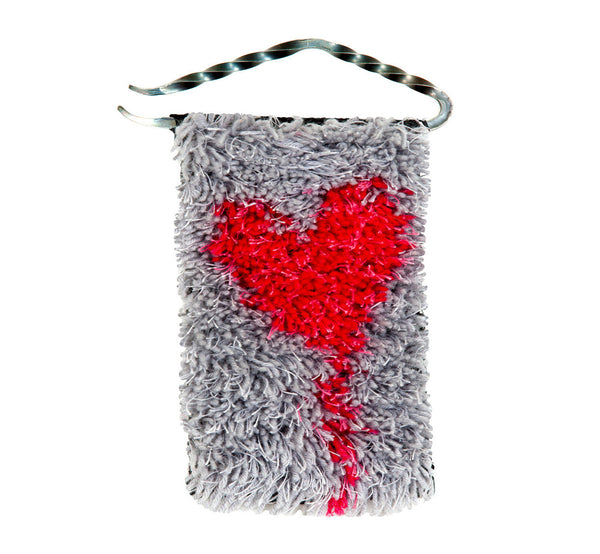 Handwoven wool/linen small wall rug, artistic red heart on gray, 10x18 cm, 3,94x7,09", iron hanger.