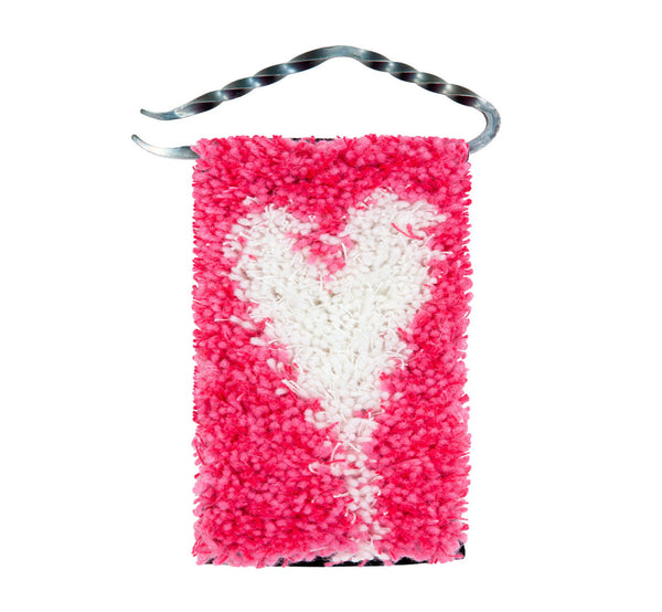 Handwoven wool/linen small wall rug, artistic white heart on pink, 10x18 cm, 3,94x7,09", iron hanger.