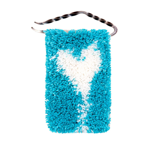 Handwoven wool/linen small wall rug, artistic white heart on turquoise, 10x18 cm, 3,94x7,09", iron hanger.
