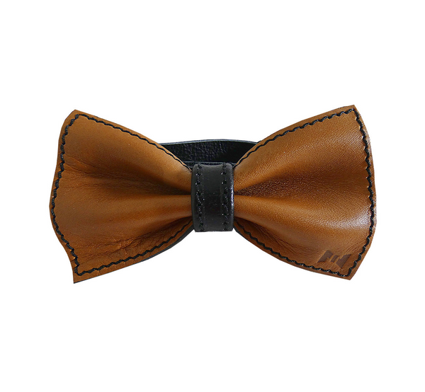 LEATHER BOW TIE HANDMADE REVERSIBLE TWO-IN-ONE, BLUE-BLACK, WOODEN BOX