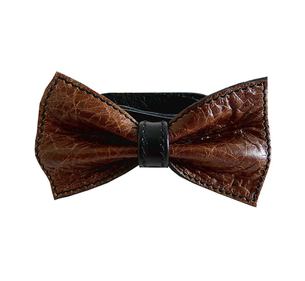 Unique leather bow tie reversible, two-in-one dark-brown and black sides, width 12 cm, dark-brown side, handmade in Scandinavia         