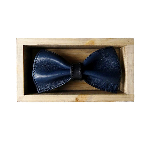Unique leather blue bow tie in stylish handmade light wood gift box made in Finland Scandinavia, rectangle width 15, height 5