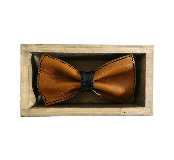 Unique leather brown bow tie in stylish handmade light wood gift box made in Finland Scandinavia, rectangle width 15, height 5