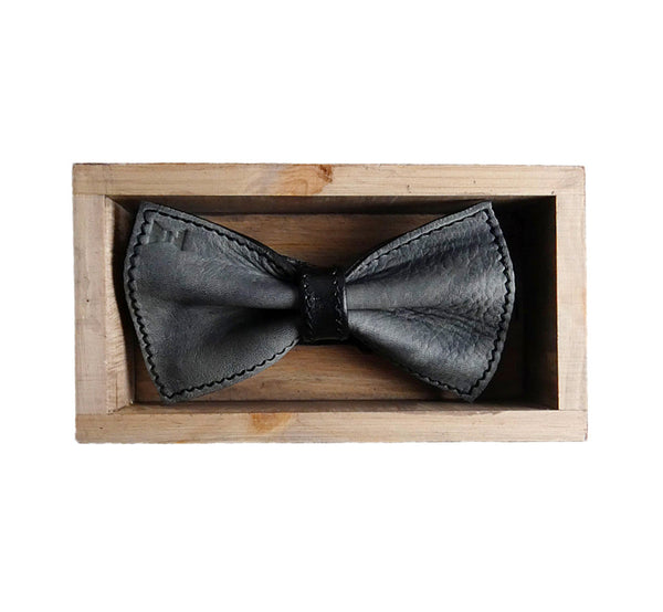Unique leather gray bow tie in stylish handmade light wood gift box made in Finland Scandinavia, rectangle width 15, height 5