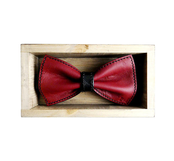 Unique leather red bow tie in stylish handmade light wood gift box made in Finland Scandinavia, rectangle width 15, height 5