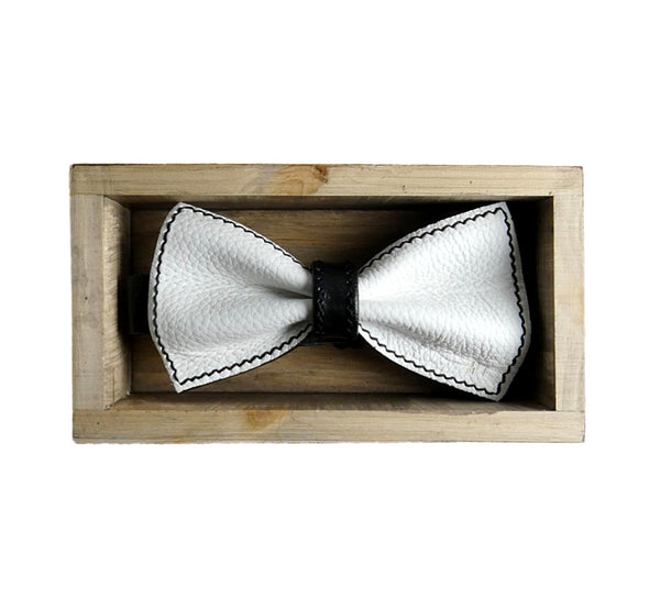 Unique leather white bow tie in stylish handmade light wood gift box made in Finland Scandinavia, rectangle width 15, height 5
