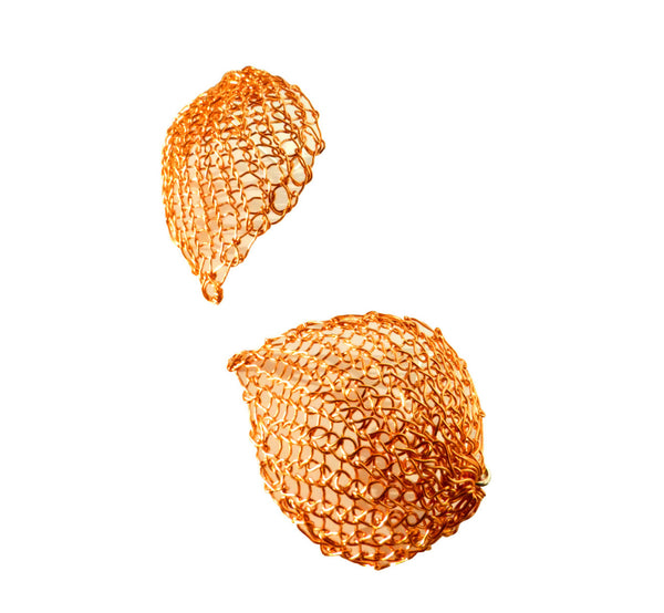 Copper wire leaf earrings, height 3.2 cm, 1.26”, width 2.6 cm, 1.02”, handknitted, hooks 925 silver, nickel free, Scandinavian.