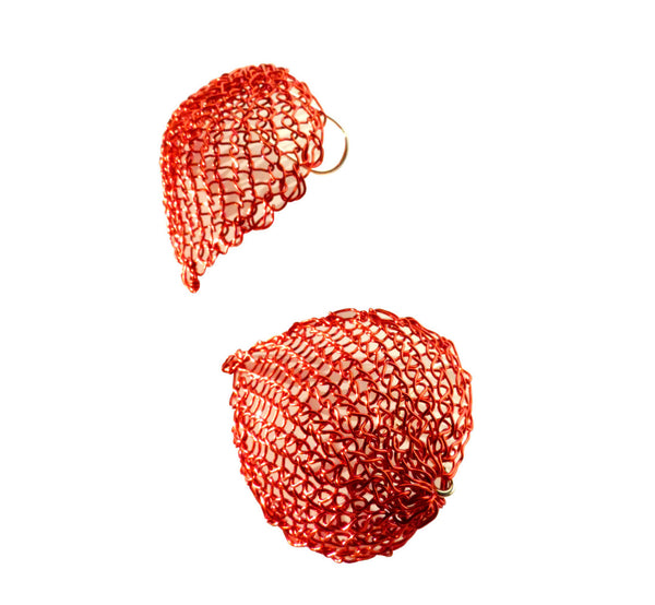 Copper wire leaf earrings red, height 3.2 cm, 1.26”, width 2.6 cm, 1.02”, handknitted, hooks 925 silver, nickel free, Scandinavian.