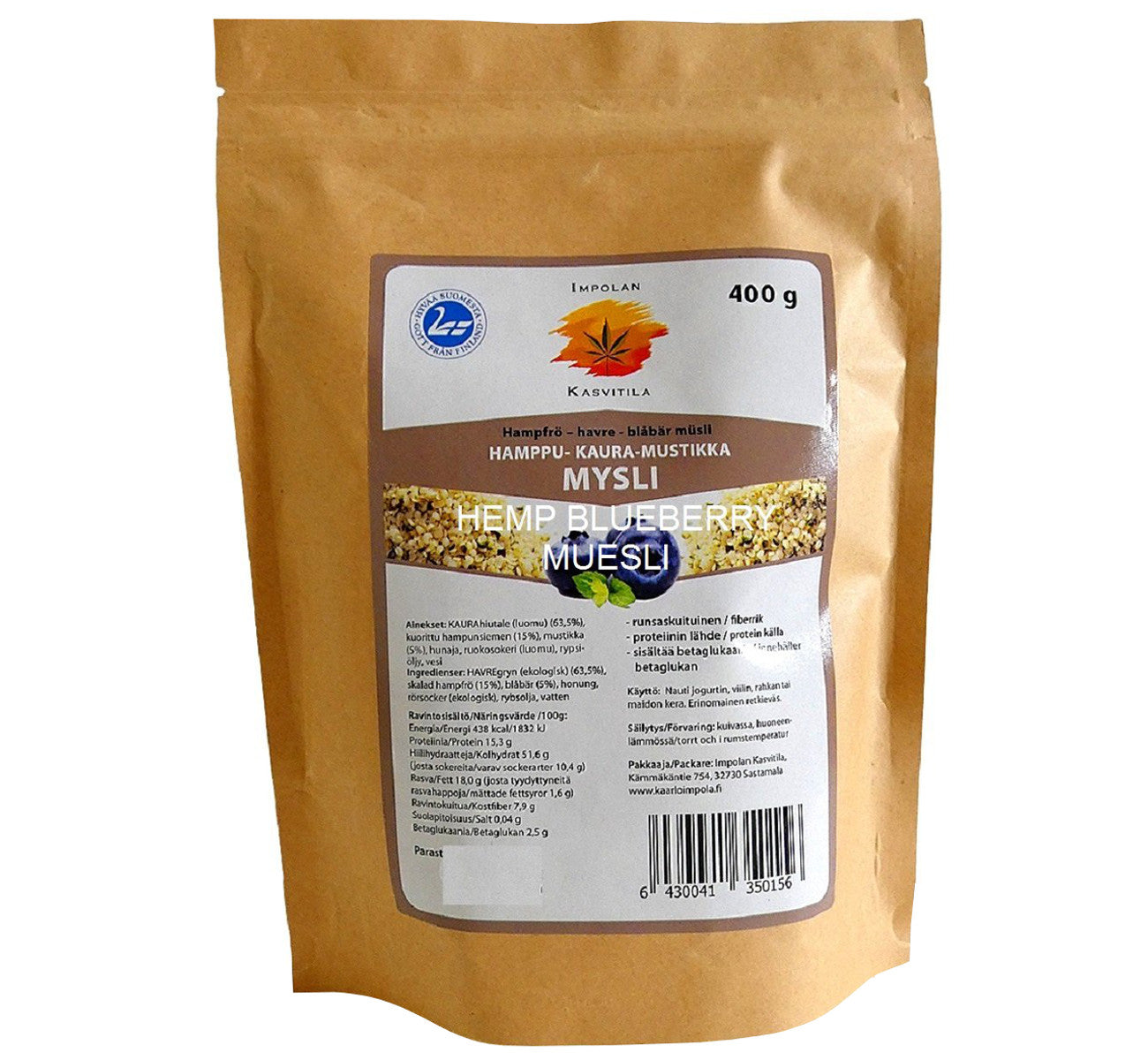 Bag of ecological wild blueberry hemp muesli 400g, superfood from pure nature, produced in Scandinavia. 