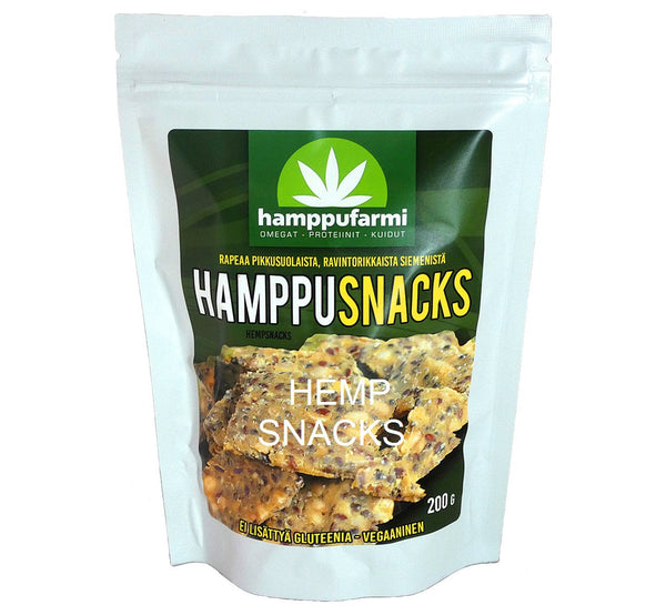 Bag of hemp seed snacks 200 g, healthy, natural and vegan snack alternative from Finland, Scandinavia.