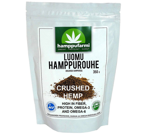 Bag of organic crushed hemp 350 g, made with cold pressing method, rich in protein, from Finland, Scandinavia.
