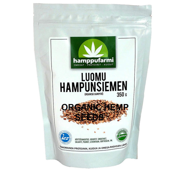 Bag of organic hemp seeds 350 g, unprocessed seeds grown in pure nature of Finland, Scandinavia.