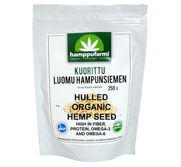 Bag of organic hulled hemp seed 250 g, high-protein and high-fiber superfood, ethically produced in Scandinavia.