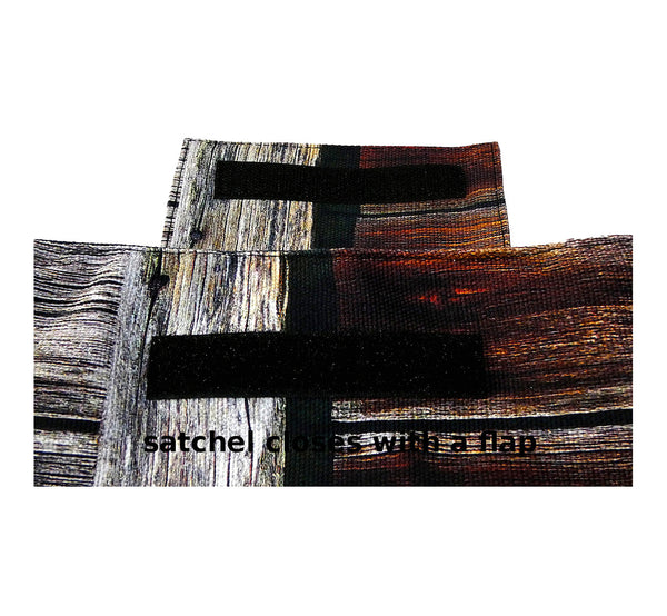 Flap of image nature textile wood wall, handmade satchel with long shoulder strap, 25x28x6 cm.