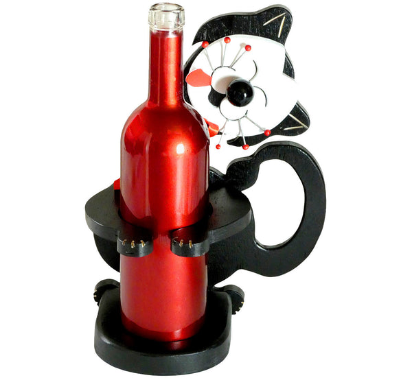 Wood black smiling cat bottle holder, 30x22 cm, 11.81x8.66”, big white happy face, artisan handmade in Finland.