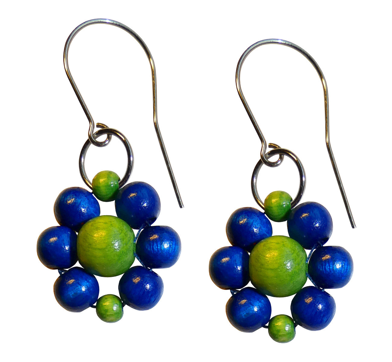 Wood flower earrings, blue and green wooden beads, flower diameter 4 cm, 1.57”, artisan handmade.