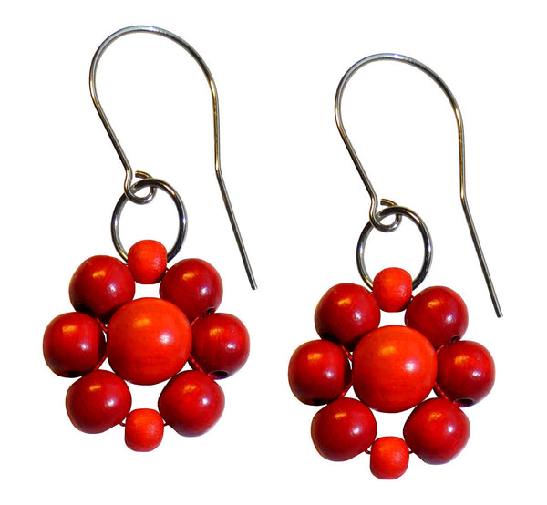 Wood flower earrings, red and orange wooden beads, flower diameter 4 cm, 1.57”, artisan handmade.