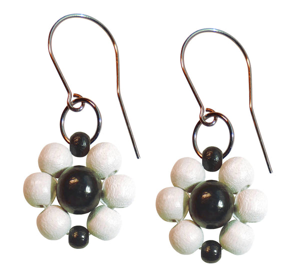 Wood flower earrings, white and black wooden beads, flower diameter 4 cm, 1.57”, artisan handmade.