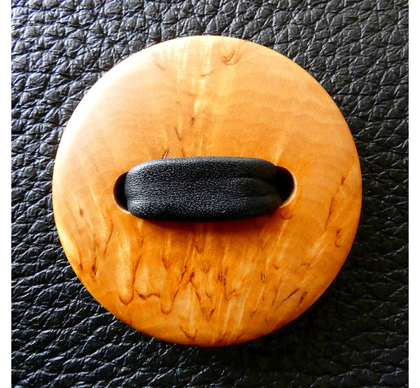 Wooden brown curly birch button in the middle of unique black elk leather handbag, diameter 5_cm, handmade in 