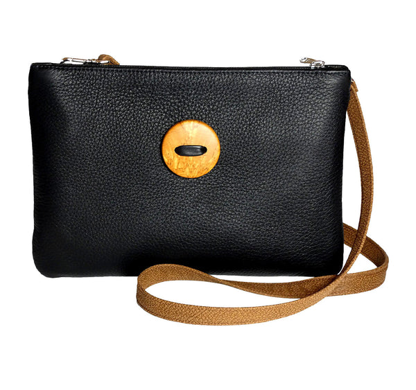Black elk leather handbag with curly birch button in the middle, 21 x 30 cm, handmade in Finland