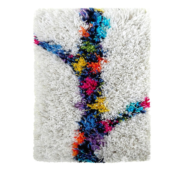 Handwoven wool-linen wall hanging rug, spring branch figure on white base, 20 x 30 cm, 7,87 x 11,8".