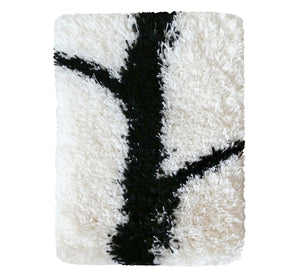Handwoven wool-linen wall hanging rug, black branch figure on white base, 20 x 30 cm, 7,87 x 11,8".