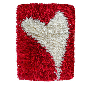 Handwoven wool-linen wall hanging rug, white heart figure on red base, 20 x 30 cm, 7,87 x 11,8".