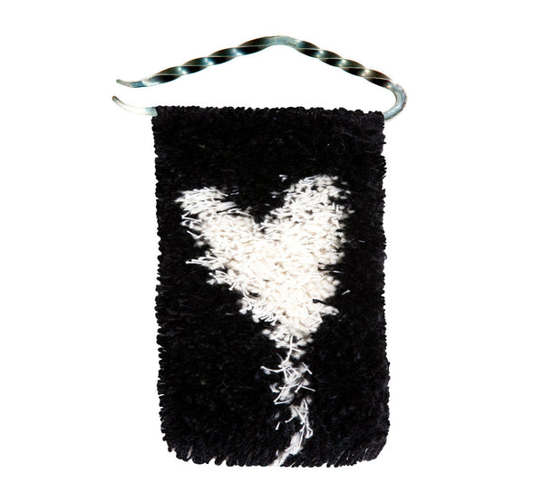 Handwoven wool/linen small wall rug, artistic white heart on black, 10x18 cm, 3,94x7,09", iron hanger.