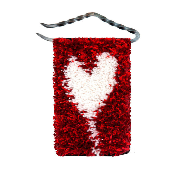 Handwoven wool/linen small wall rug, artistic white heart on red, 10x18 cm, 3,94x7,09", iron hanger.