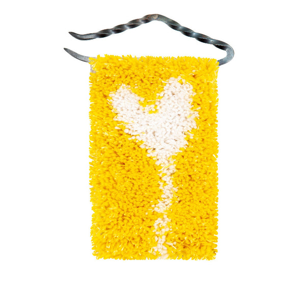 Handwoven wool/linen small wall rug, artistic white heart on yellow, 10x18 cm, 3,94x7,09", iron hanger.