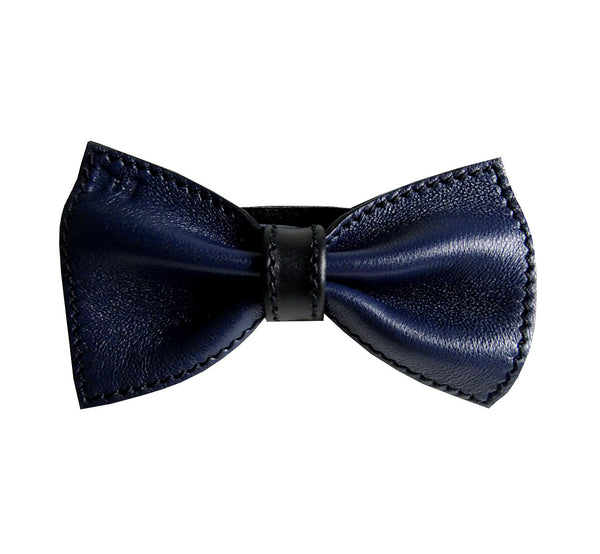 Unique leather bow tie reversible, two-in-one blue and black sides, width 12 cm, blue side, handmade in Scandinavia