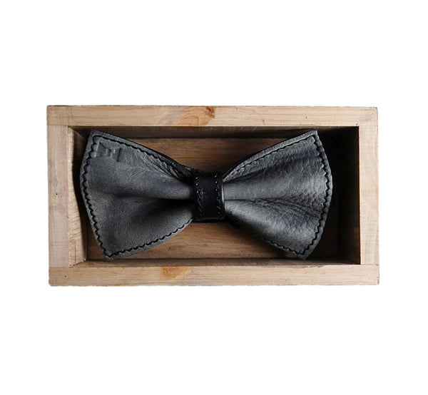Unique leather gray bow tie in stylish handmade light wood gift box made in Finland Scandinavia, rectangle width 15, height 5 