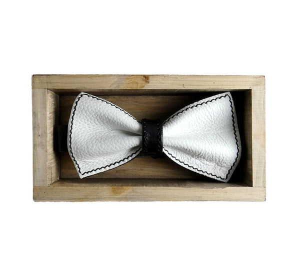 Unique leather white bow tie in stylish handmade light wood gift box made in Finland Scandinavia, rectangle width 15, height 5 