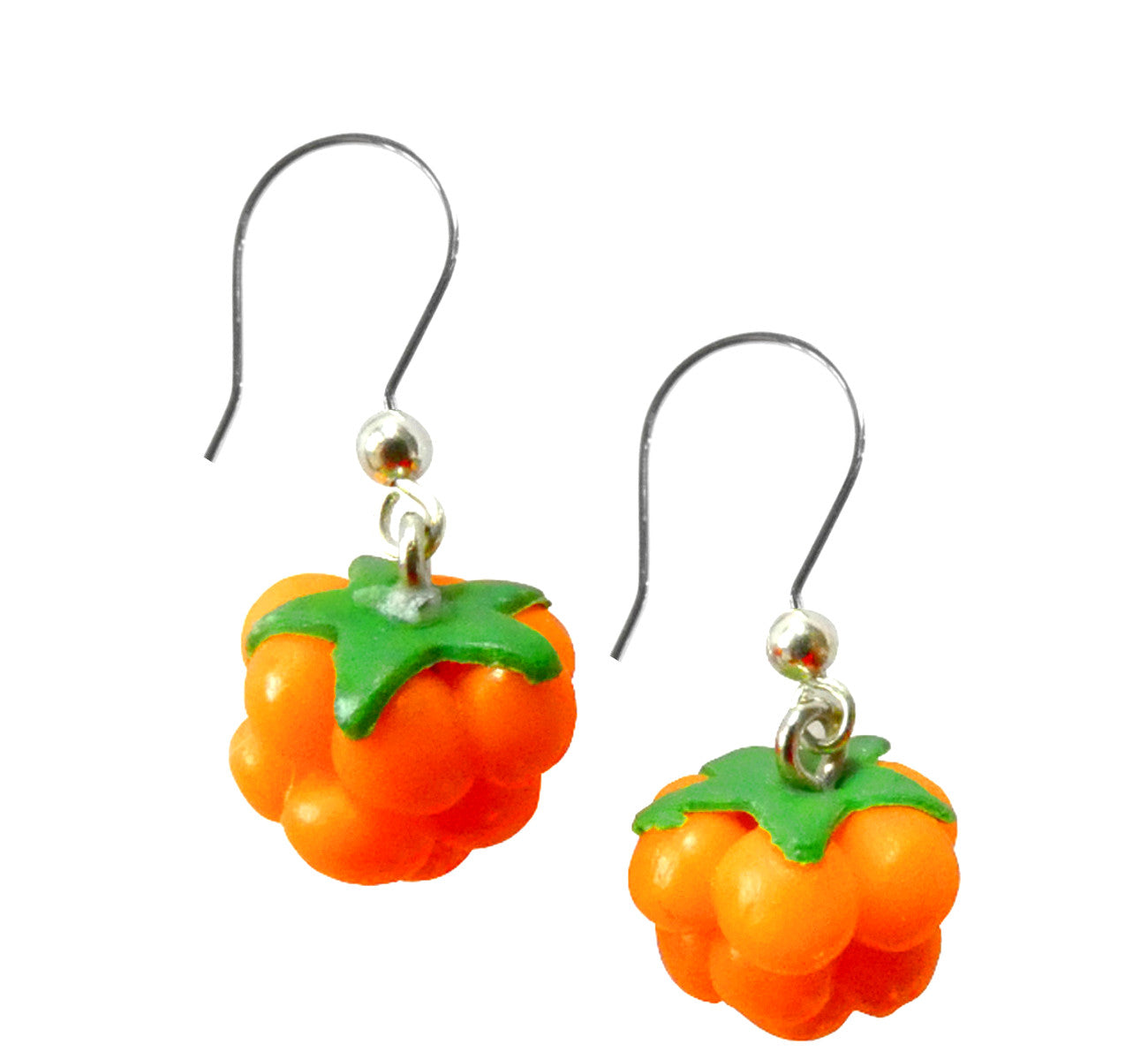 Orange real looking cloudberry earrings, polymeric clay, size 1.2x1.2 cm, 0.47x0.47 inch, handmade Scandinavian.