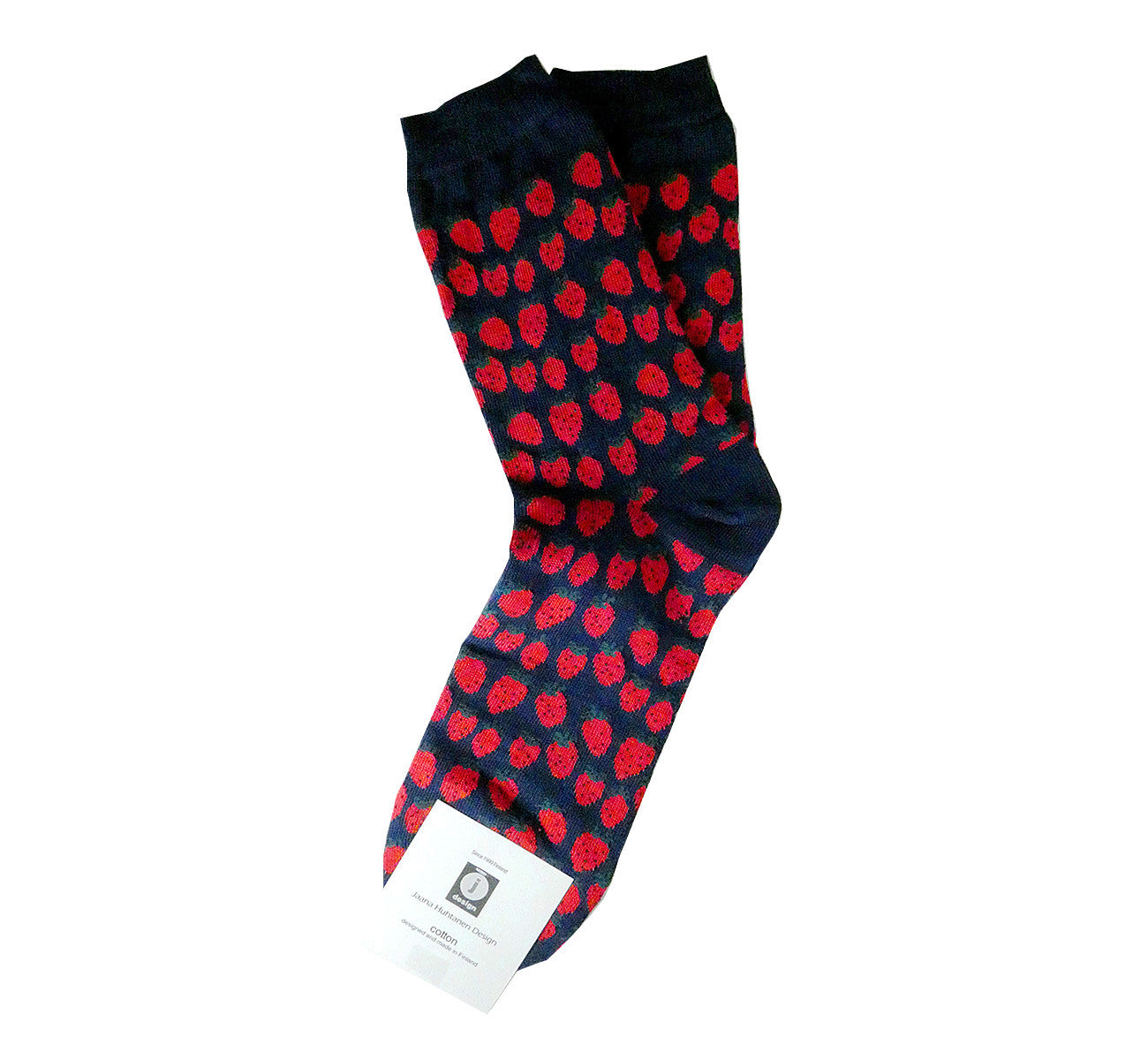 Pair of dark blue socks with many red strawberries, cuff and heel dark blue, breathable, resistant, ethically made in Scandinavia.