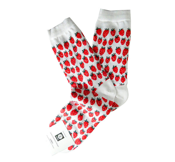 Pair of white socks with many red strawberries, cuff and heel white, breathable, resistant, ethically made in Scandinavia.