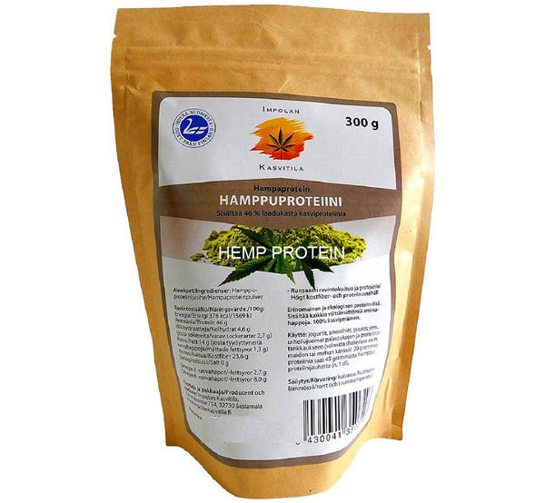 Bag of ecological hemp protein powder 300 g, rich source of vitamins, minerals and protein, produced in Scandinavia.