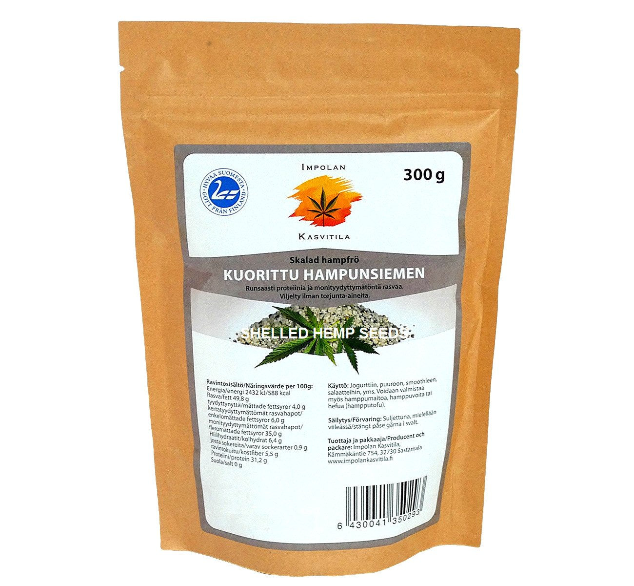 Bag of ecological shelled hemp seed 300 g, all-natural protein burst, produced in Scandinavia
