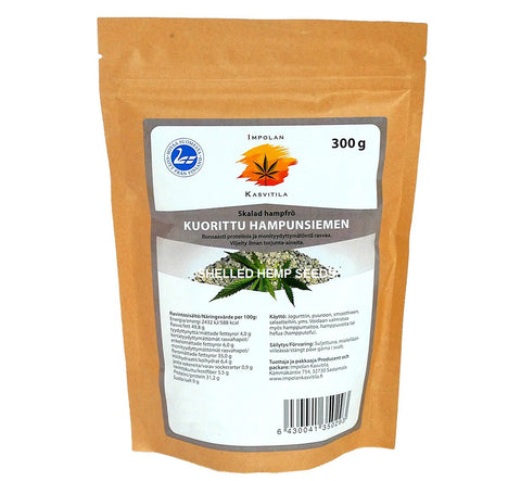 Bag of ecological shelled hemp seed 300 g, all-natural protein burst, produced in Scandinavia