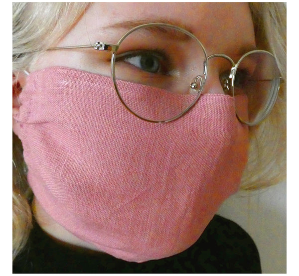 Women wearing glasses and handmade double layer face mask, 100% linen fabric, mask color rose, face cover