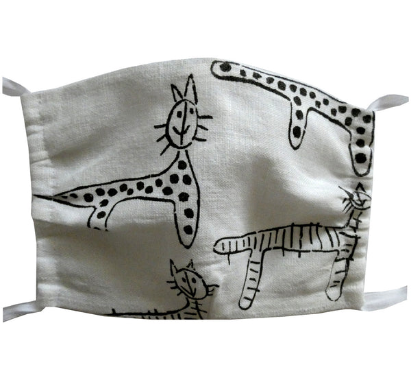 Washable and reusable handmade double layer face mask, 100% linen fabric, white with hand printed black cat print, face cover