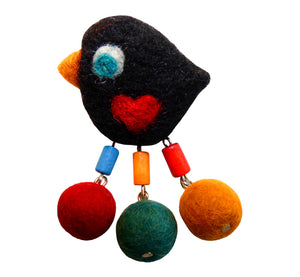 Black felt cute bird brooch, 6x4 cm, 2.36x1.57”, red felt heart in middle, handmade by artisan.