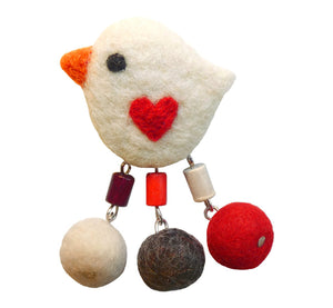 White felt cute bird brooch, 6x4 cm, 2.36x1.57”, red felt heart in middle, handmade by artisan.
