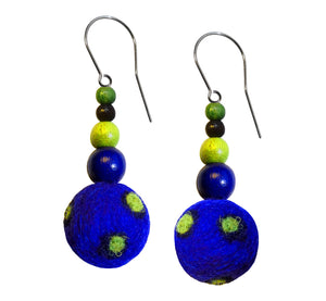 Wool felt ball, wood beads hook earrings, blue with green, length 4 cm 1.57", handmade.