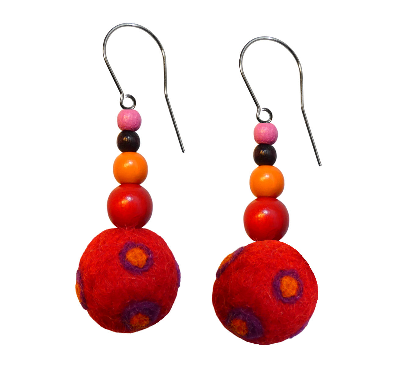 Wool felt ball, wood beads hook earrings, red with orange, length 4 cm 1.57", handmade.
