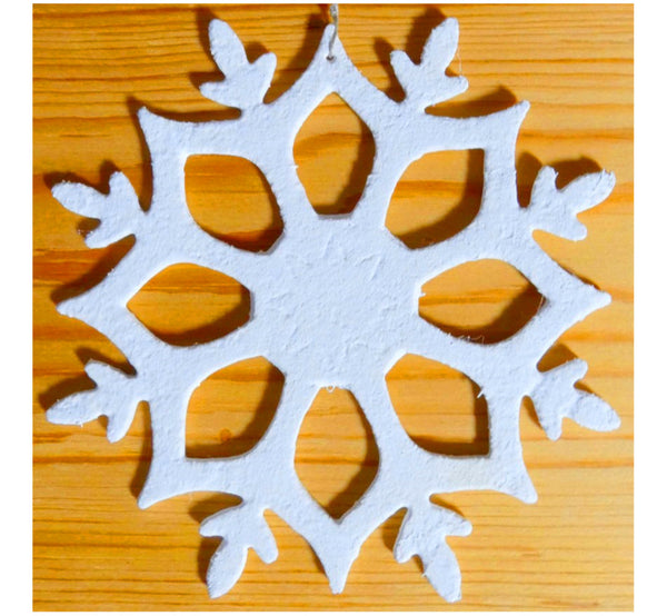 White flax felt decoration snowflake, 15x12.5 cm, 5.90x4.72", on log wall, handmade.