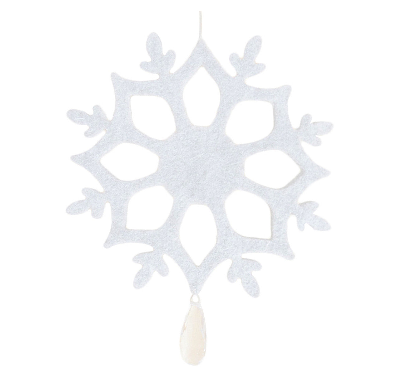 White flax felt decoration snowflake, 15x12.5 cm, 5.90x4.72", with crystal stone, handmade.