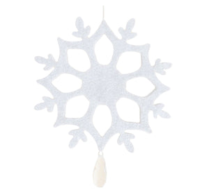 White flax felt decoration snowflake, 15x12.5 cm, 5.90x4.72", with crystal stone, handmade.