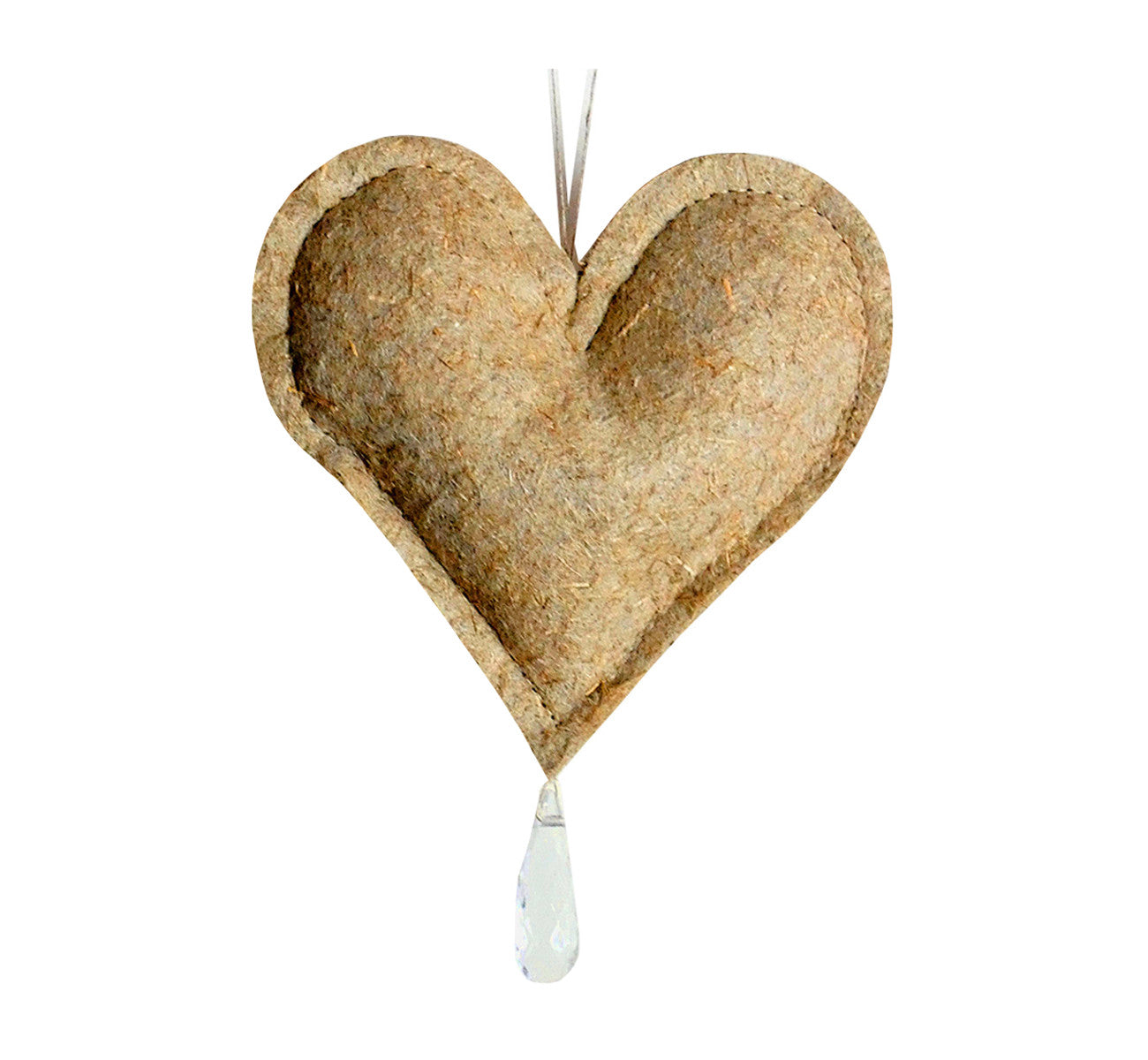 Decorative stuffed heart with crystal stone, natural flax felt, light brown, 10x8 cm, 3.94x3.15”, handcrafted.