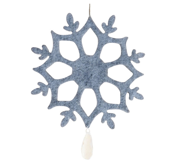 Gray wool felt decoration snowflake, 15x12.5 cm, 5.90x4.72", with crystal stone, handmade.